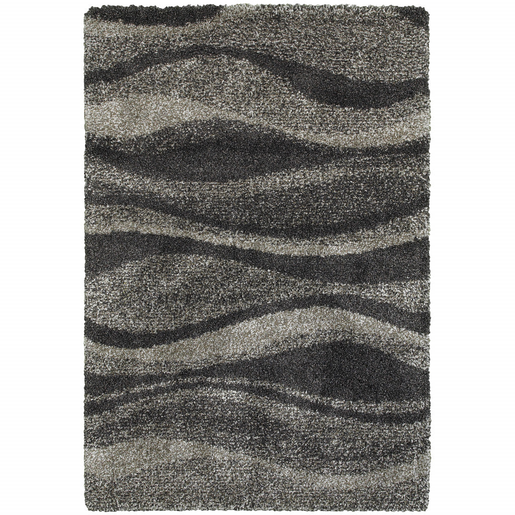 2' X 3' Charcoal Silver And Grey Abstract Shag Power Loom Stain Resistant Area Rug