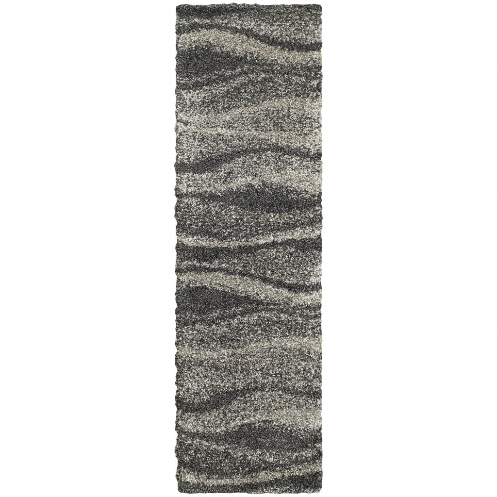 8' Black and Gray Abstract Shag Power Loom Runner Rug