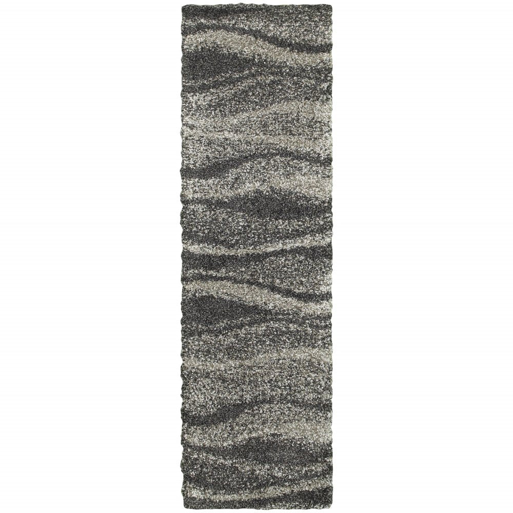 8' Black and Gray Abstract Shag Power Loom Runner Rug