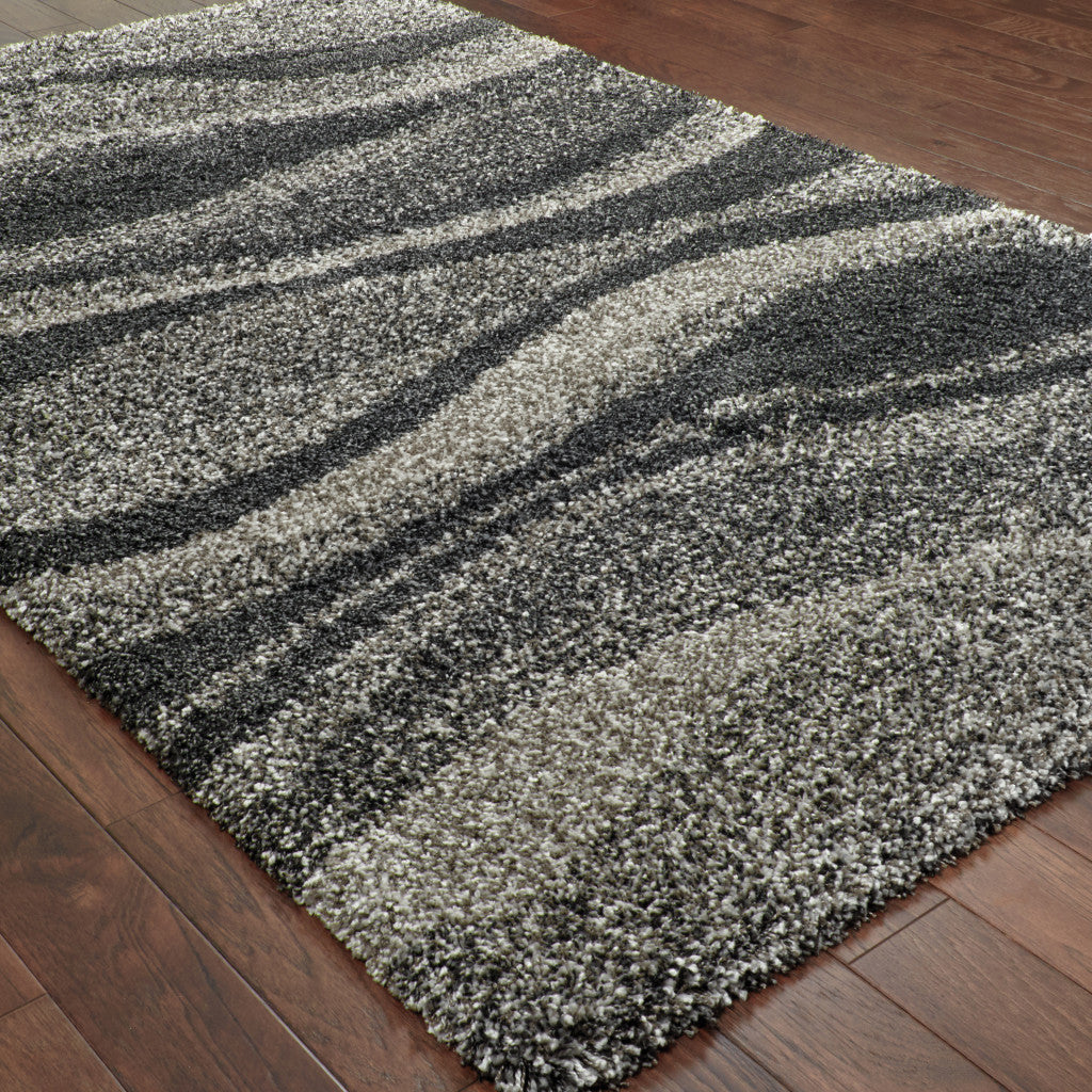 8' X 11' Charcoal Silver And Grey Abstract Shag Power Loom Stain Resistant Area Rug