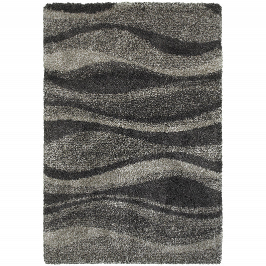 10' X 13' Charcoal Silver And Grey Abstract Shag Power Loom Stain Resistant Area Rug