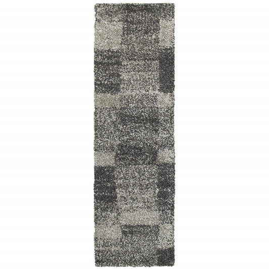 2' X 8' Charcoal Silver And Grey Geometric Shag Power Loom Stain Resistant Runner Rug