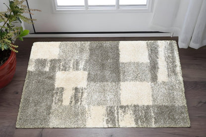 2' X 3' Grey Ivory And Silver Geometric Shag Power Loom Stain Resistant Area Rug
