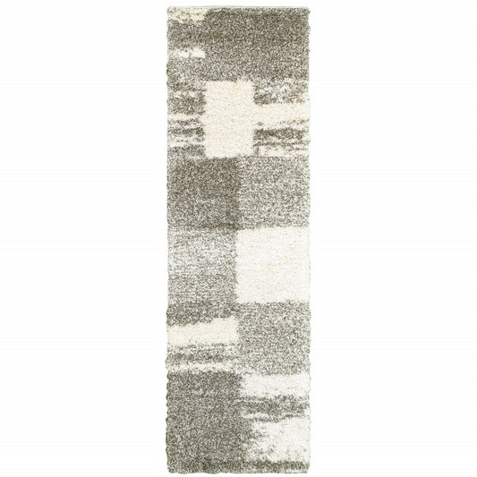 2' X 8' Gray And Ivory Geometric Shag Power Loom Runner Rug