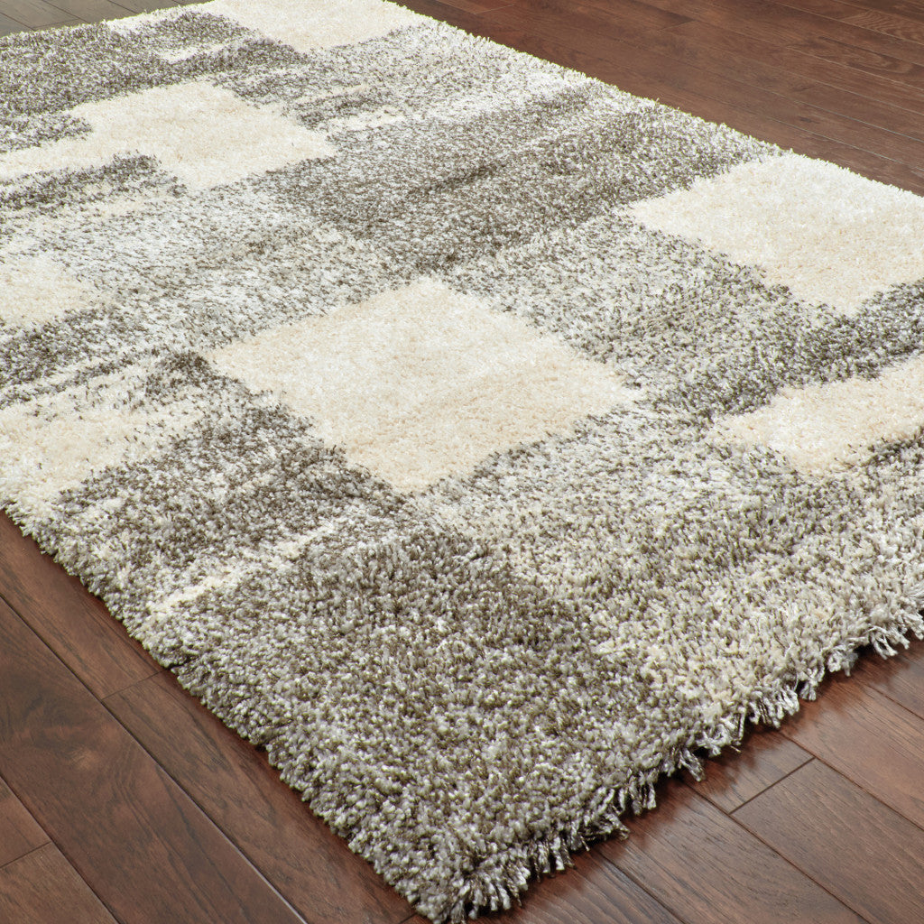 5 Grey Ivory And Silver Geometric Shag Power Loom Stain Resistant Area Rug