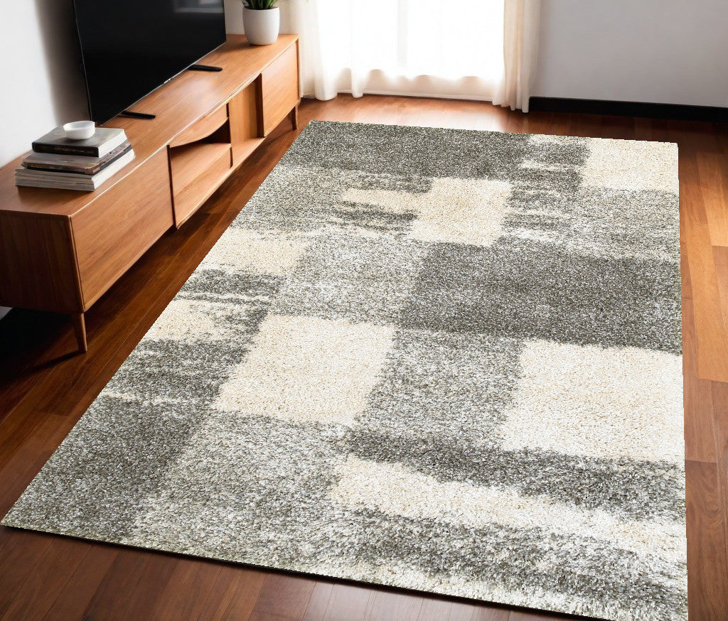 5 Grey Ivory And Silver Geometric Shag Power Loom Stain Resistant Area Rug