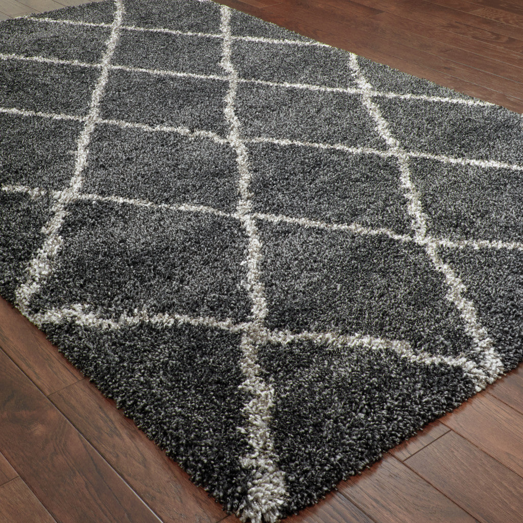 2' X 3' Charcoal And Grey Geometric Shag Power Loom Stain Resistant Area Rug