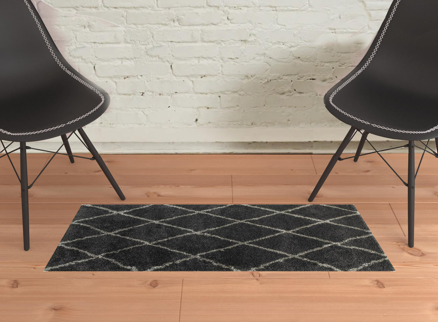 2' X 3' Charcoal And Grey Geometric Shag Power Loom Stain Resistant Area Rug