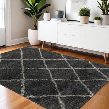 4' X 6' Charcoal And Grey Geometric Shag Power Loom Stain Resistant Area Rug