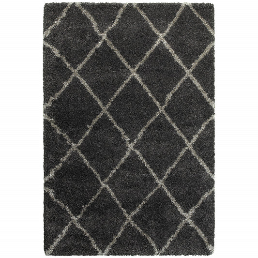 10' X 13' Charcoal And Grey Geometric Shag Power Loom Stain Resistant Area Rug
