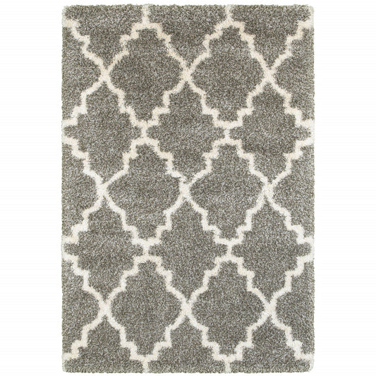 2' X 3' Grey And Ivory Geometric Shag Power Loom Stain Resistant Area Rug