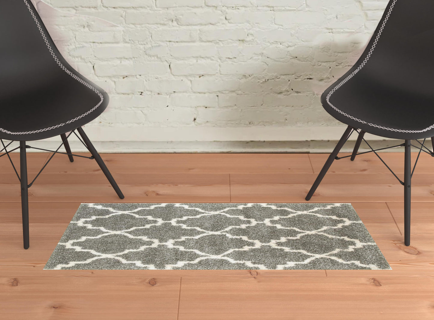 2' X 3' Grey And Ivory Geometric Shag Power Loom Stain Resistant Area Rug