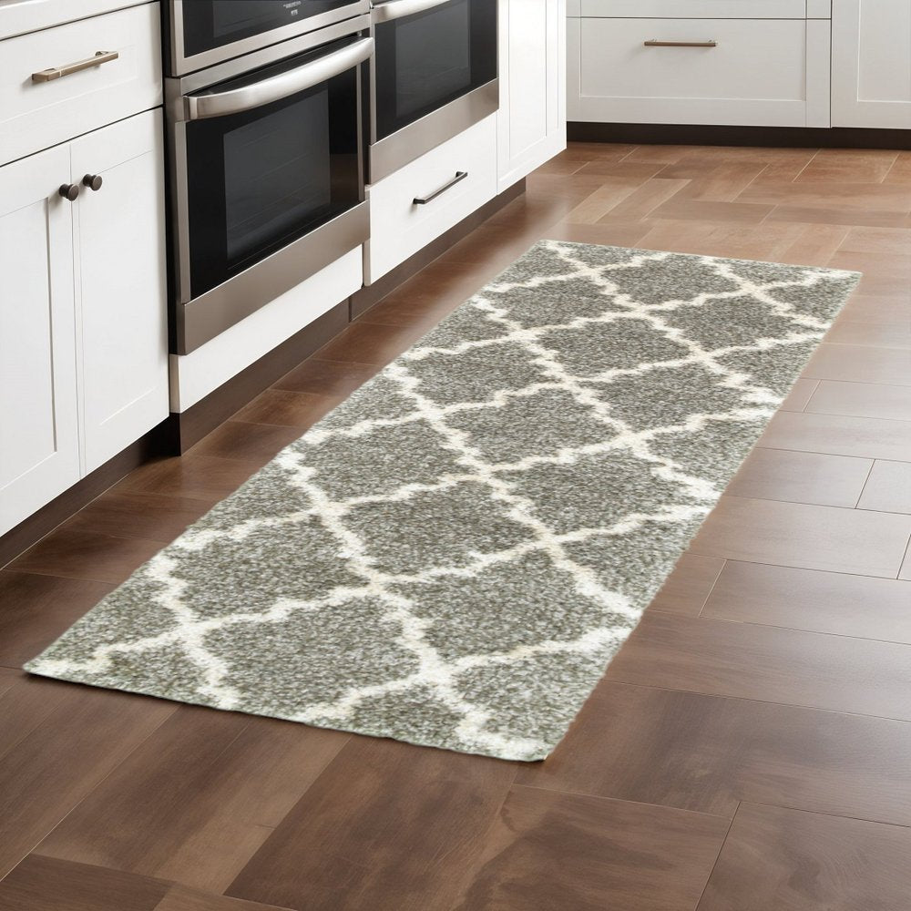 2' X 8' Grey And Ivory Geometric Shag Power Loom Stain Resistant Runner Rug