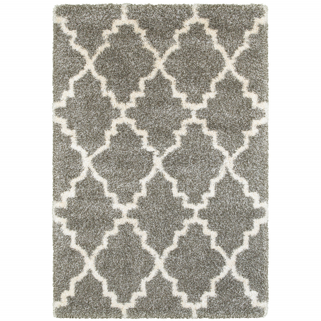 5' X 8' Grey And Ivory Geometric Shag Power Loom Stain Resistant Area Rug