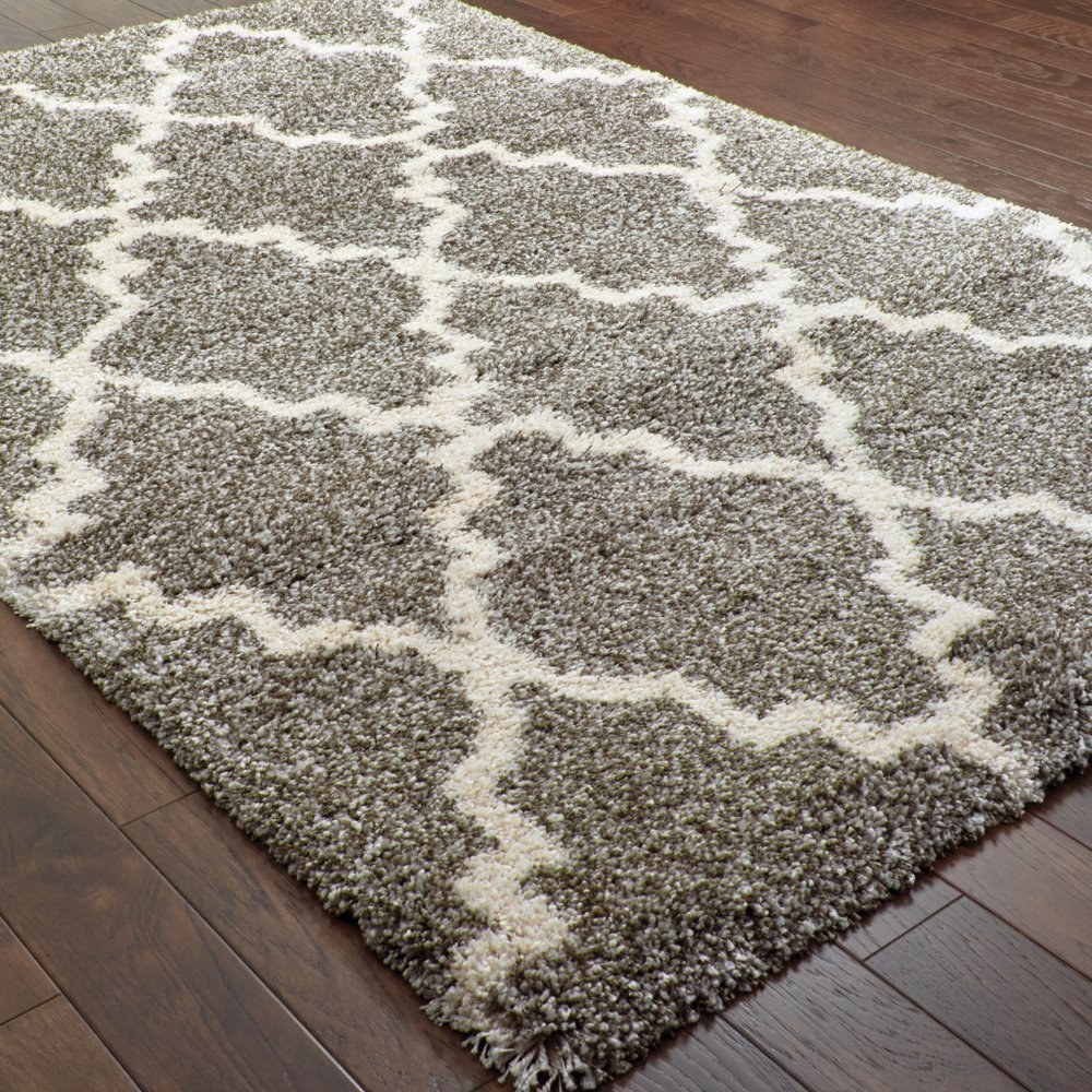 8' X 11' Grey And Ivory Geometric Shag Power Loom Stain Resistant Area Rug