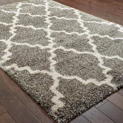 8' X 11' Grey And Ivory Geometric Shag Power Loom Stain Resistant Area Rug