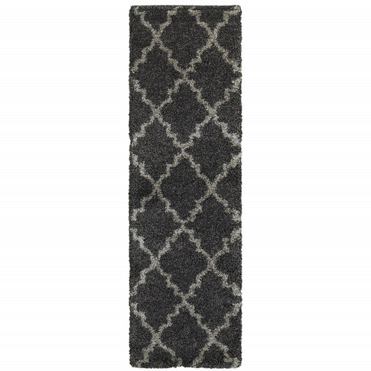 2' X 8' Charcoal And Grey Geometric Shag Power Loom Stain Resistant Runner Rug