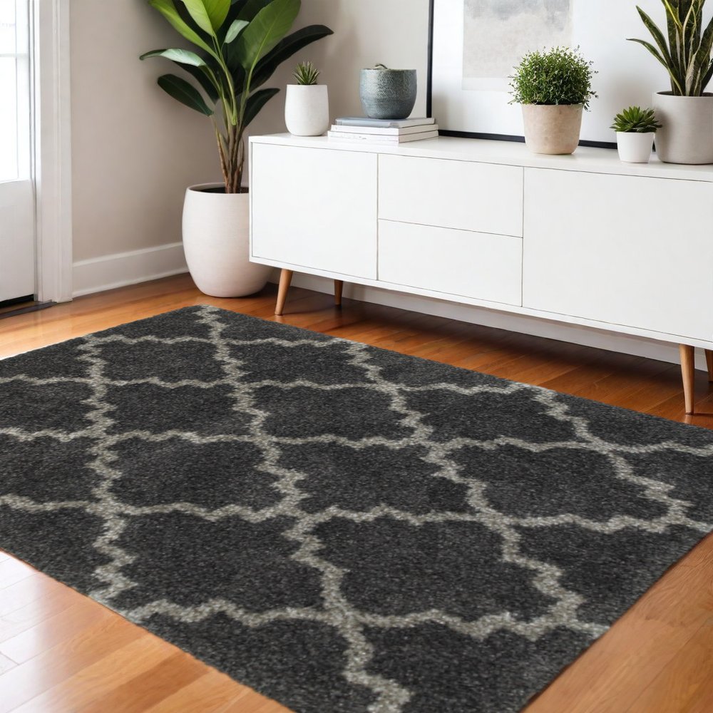 4' X 6' Charcoal And Grey Geometric Shag Power Loom Stain Resistant Area Rug