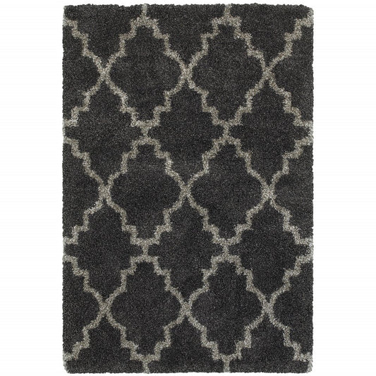 5' X 8' Charcoal And Grey Geometric Shag Power Loom Stain Resistant Area Rug