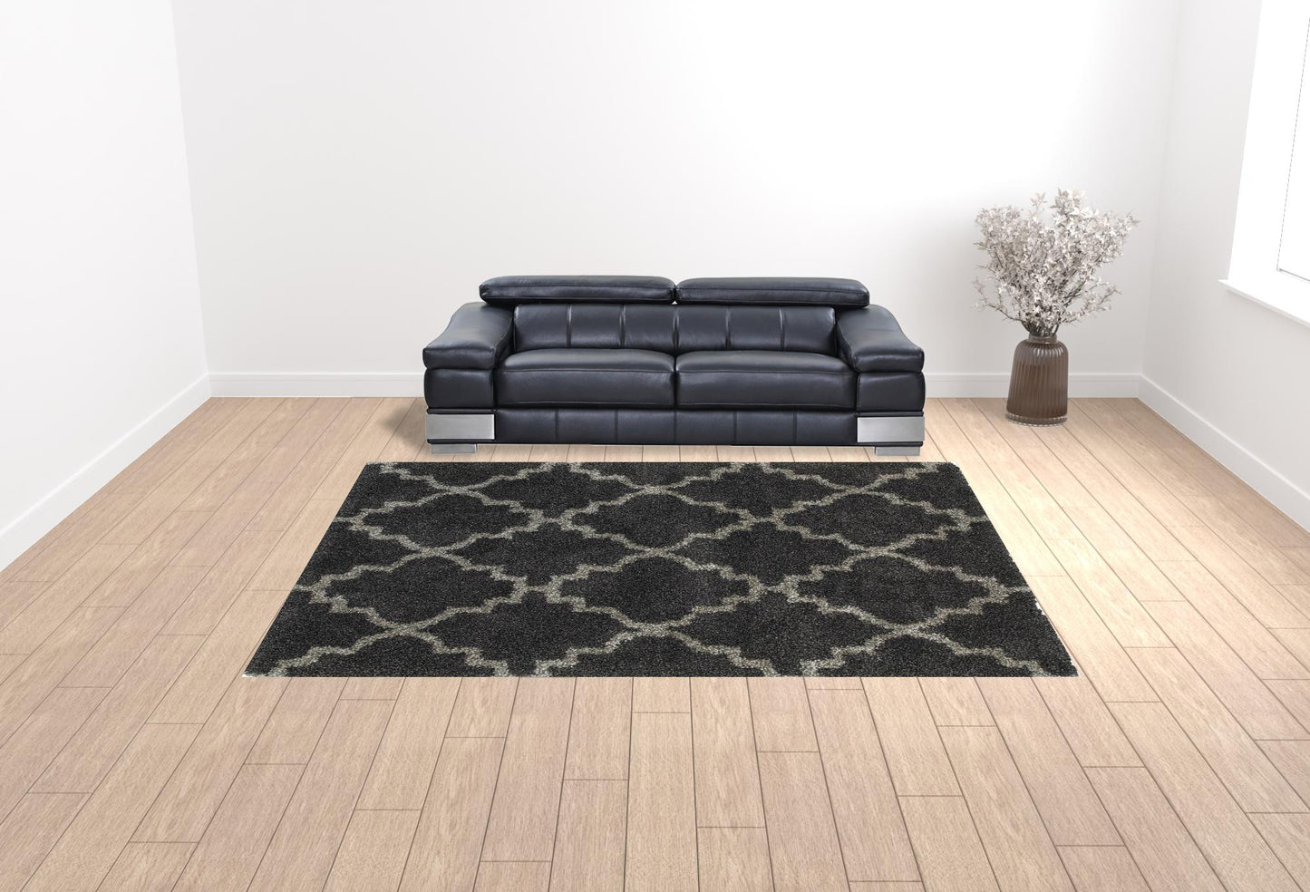 10' X 13' Charcoal And Grey Geometric Shag Power Loom Stain Resistant Area Rug