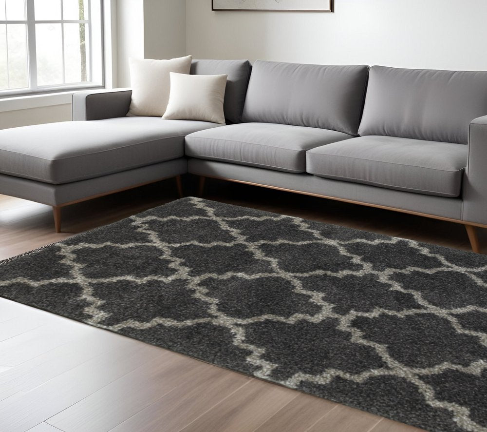 10' X 13' Charcoal And Grey Geometric Shag Power Loom Stain Resistant Area Rug
