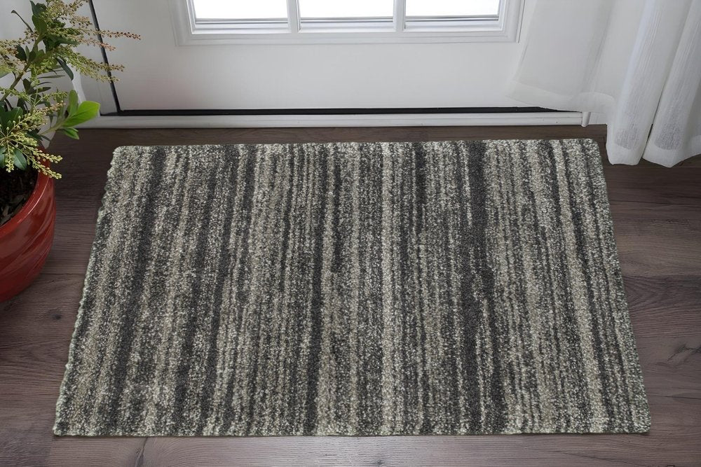 2' X 3' Charcoal Silver And Grey Geometric Shag Power Loom Stain Resistant Area Rug