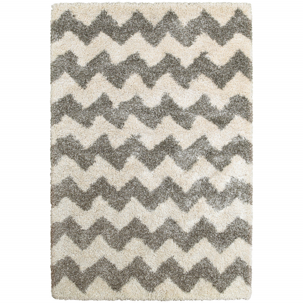 2' X 3' Grey And Ivory Geometric Shag Power Loom Stain Resistant Area Rug