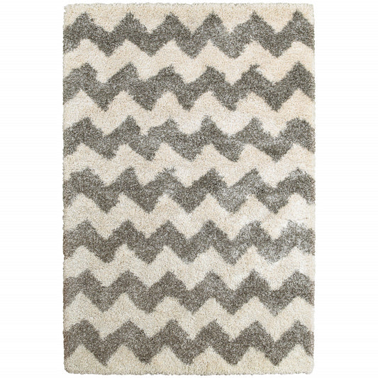 2' X 3' Grey And Ivory Geometric Shag Power Loom Stain Resistant Area Rug