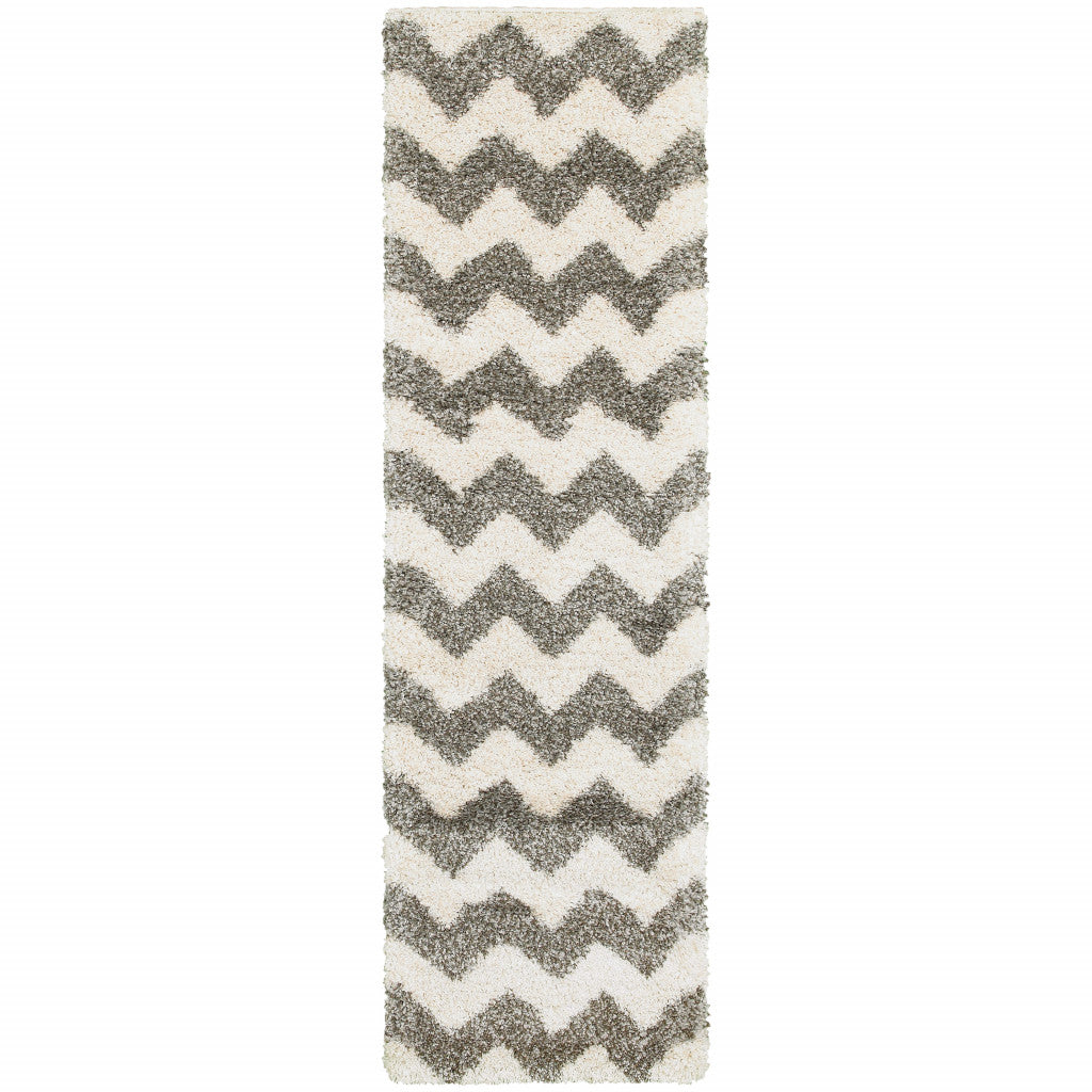 2' X 8' Grey And Ivory Geometric Shag Power Loom Stain Resistant Runner Rug