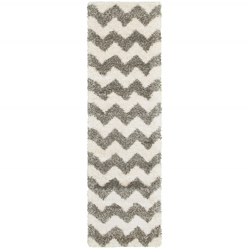 2' X 8' Grey And Ivory Geometric Shag Power Loom Stain Resistant Runner Rug