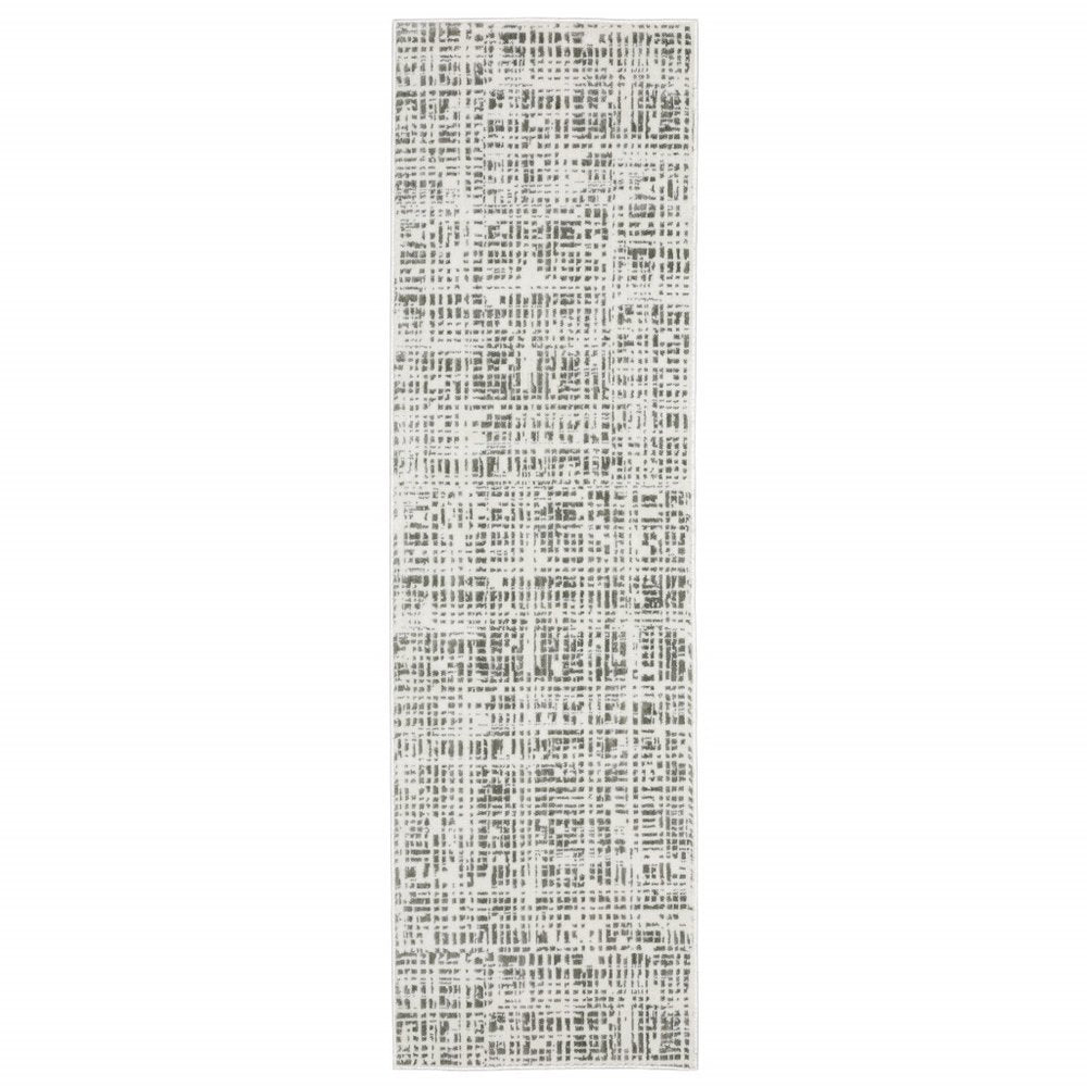 2' x 8' white and grey abstract power loom stain resistant runner rug