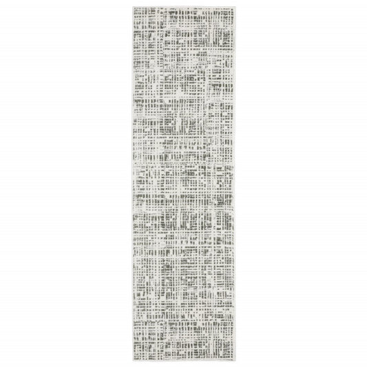2' x 8' white and grey abstract power loom stain resistant runner rug