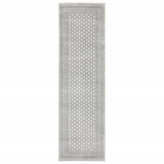 2' x 8' white and grey oriental runner rug, power-loom construction, stain-resistant.