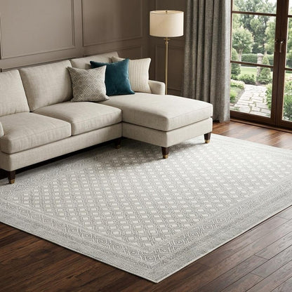 7' X 10' White And Gray Oriental Distressed Area Rug
