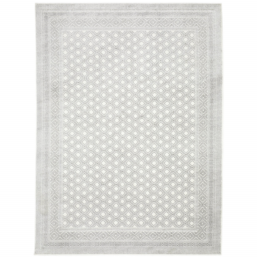 8' X 11' White And Grey Oriental Power Loom Stain Resistant Area Rug