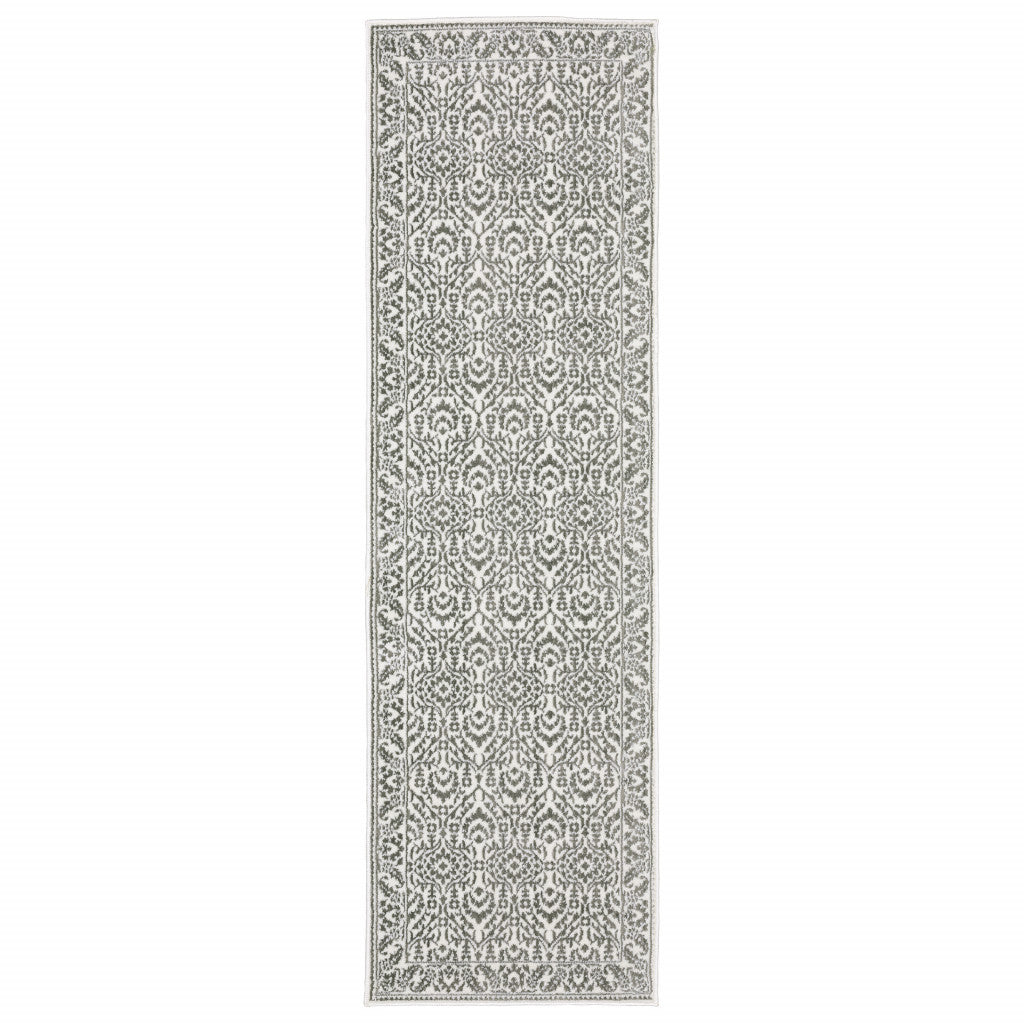 2' X 8' Grey And White Floral Power Loom Stain Resistant Runner Rug