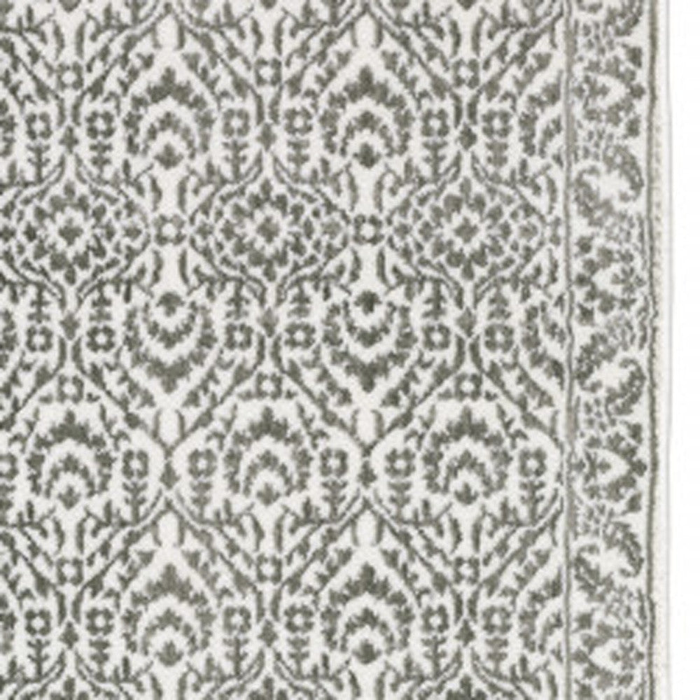 2' X 8' Grey And White Floral Power Loom Stain Resistant Runner Rug