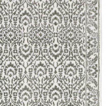 2' X 8' Grey And White Floral Power Loom Stain Resistant Runner Rug