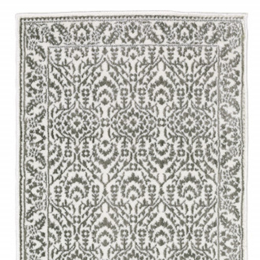 2' X 8' Grey And White Floral Power Loom Stain Resistant Runner Rug