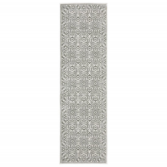 2' X 8' Grey And White Floral Power Loom Stain Resistant Runner Rug