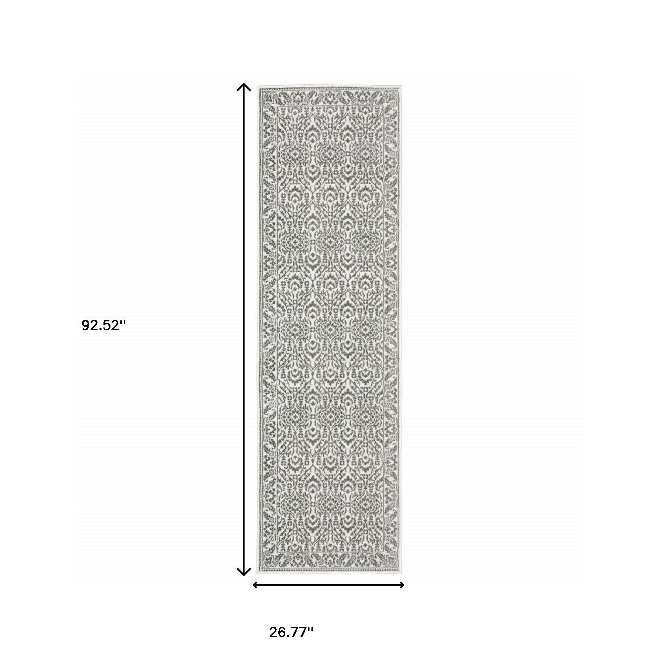 2' X 8' Grey And White Floral Power Loom Stain Resistant Runner Rug