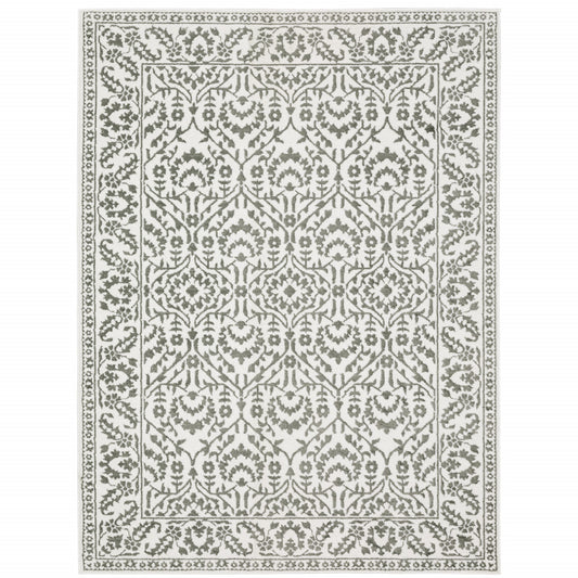 3' X 5' Grey And White Floral Power Loom Stain Resistant Area Rug