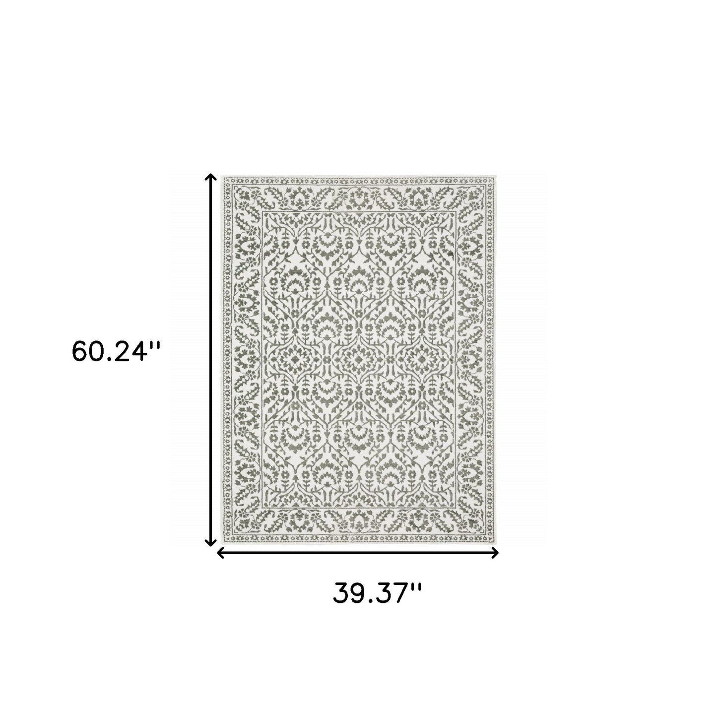 3' X 5' Grey And White Floral Power Loom Stain Resistant Area Rug