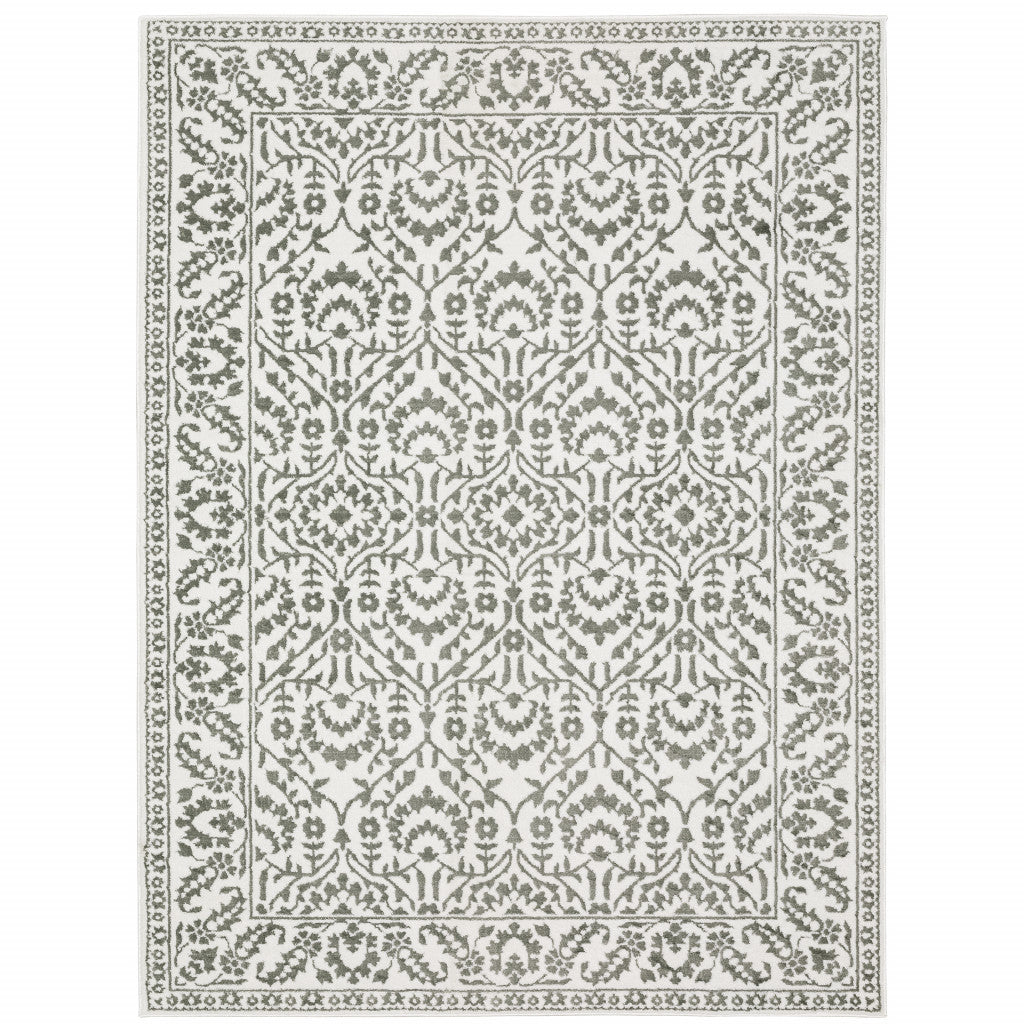 5' X 8' Grey And White Floral Power Loom Stain Resistant Area Rug