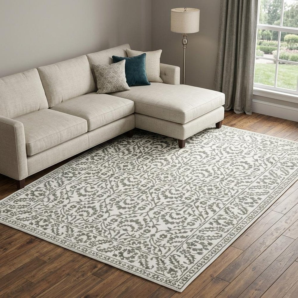 7' X 10' Gray And White Floral Distressed Area Rug