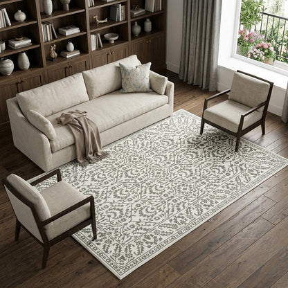 7' X 10' Gray And White Floral Distressed Area Rug