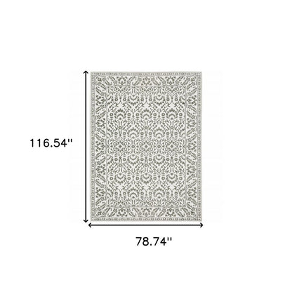 7' X 10' Gray And White Floral Distressed Area Rug