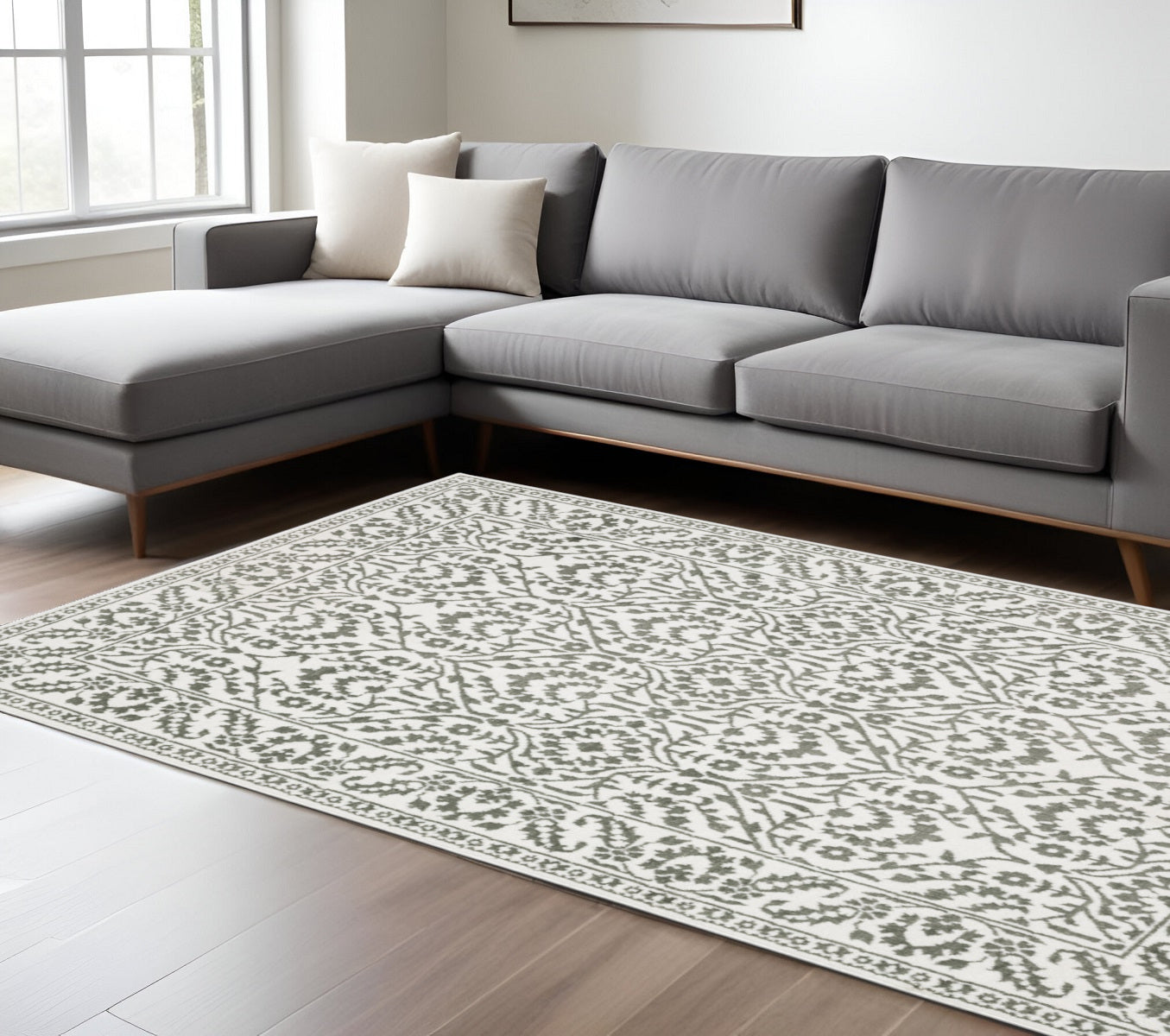 7' X 10' Gray and White Floral Power Loom Area Rug