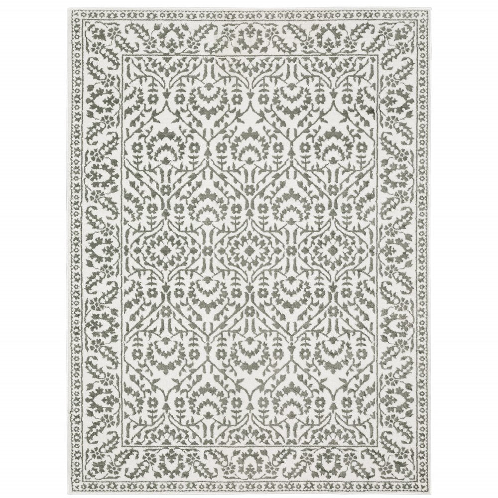 7' X 10' Gray And White Floral Distressed Area Rug