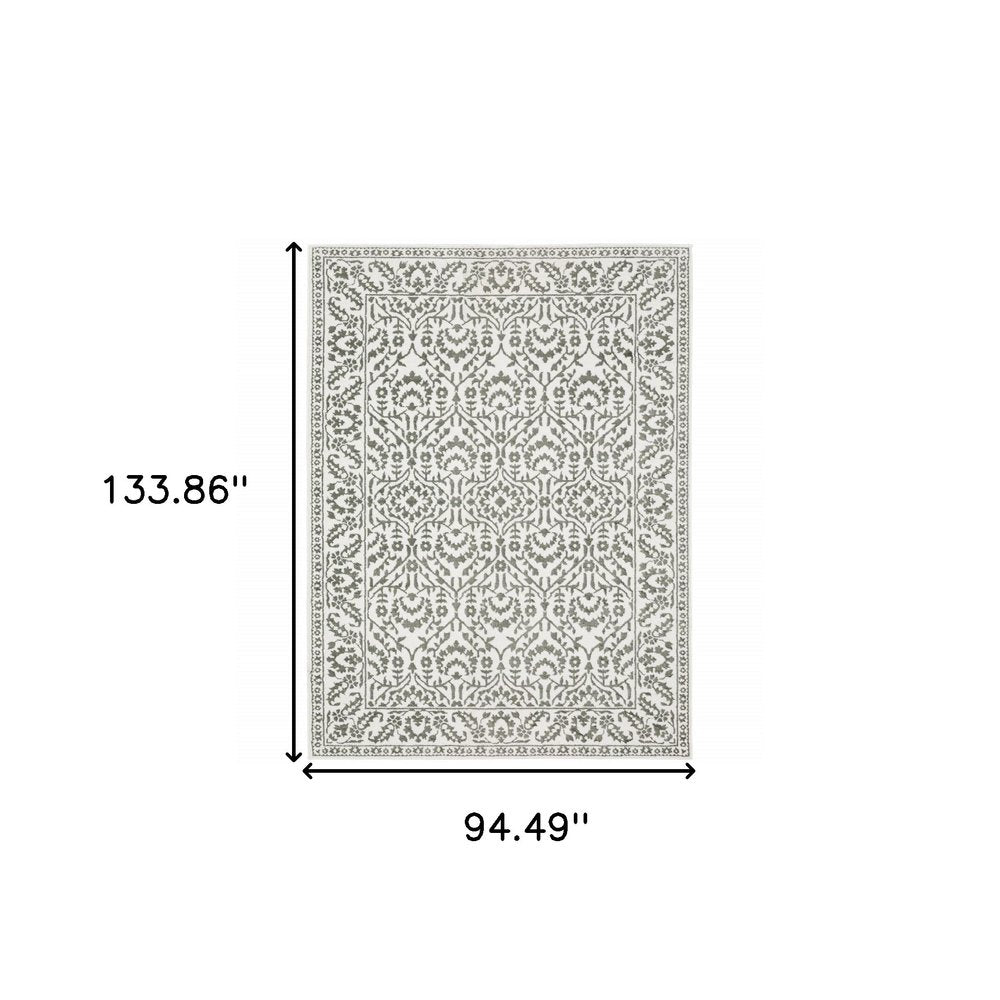 8' X 11' Gray And White Floral Distressed Area Rug